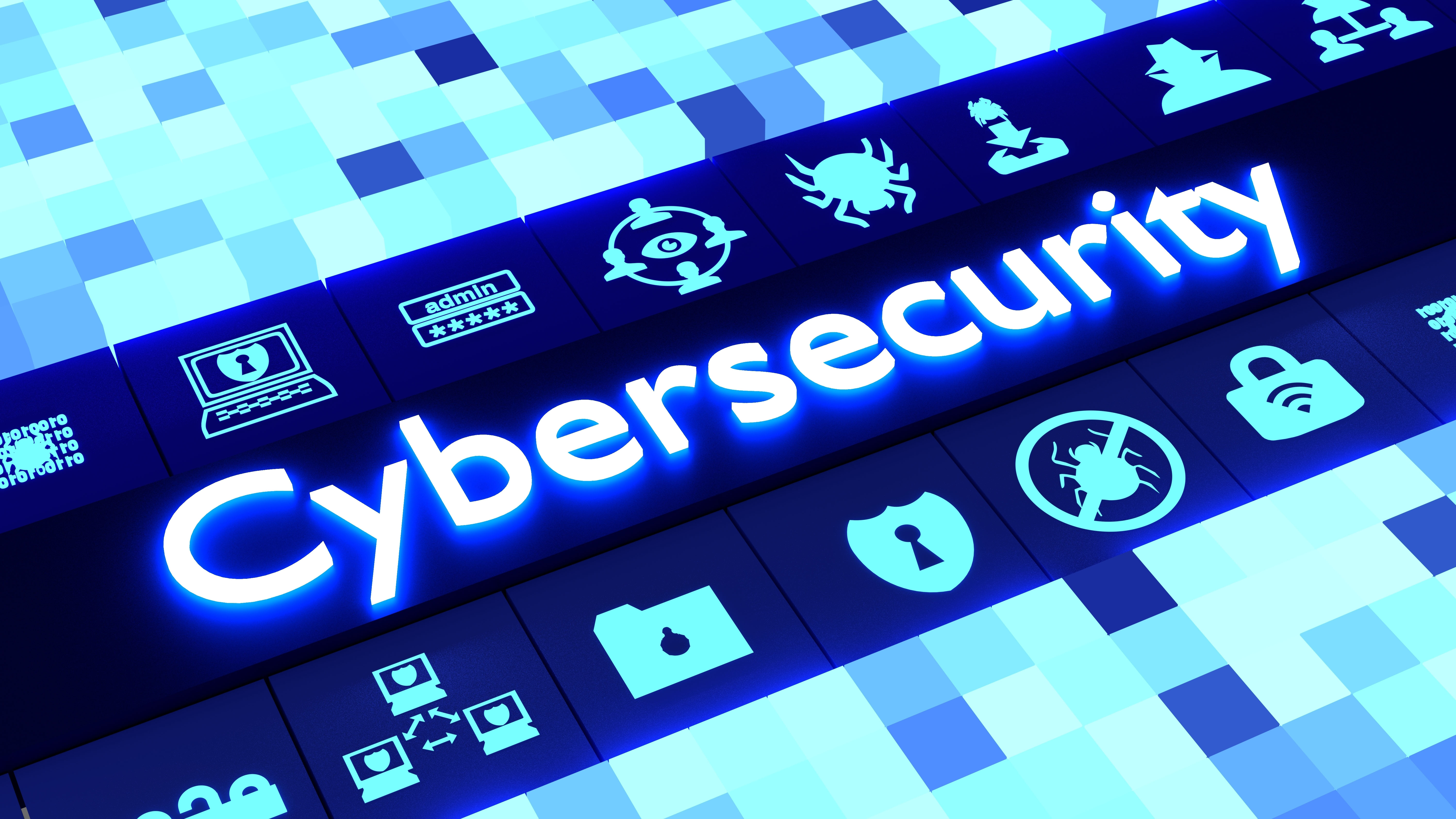  A blue and black background with the words 'Cybersecurity' in the center and several related icons.